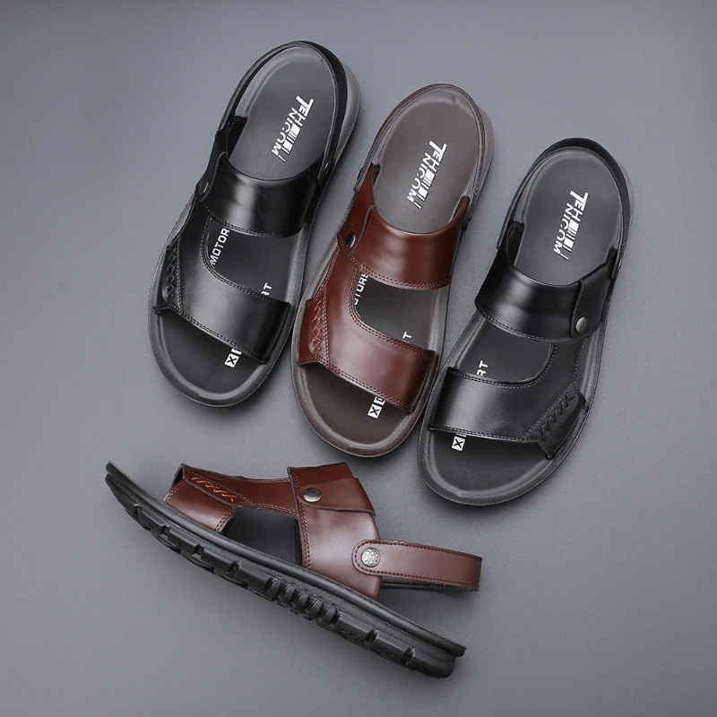 

MenS Genuine Leather Summer New Sandals Breathable Plus Size Beach Shoes Soft Bottom Casual Slide Sandals Big Size Footwear