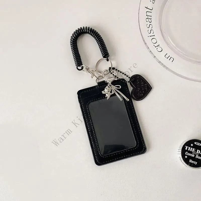 Cute Silver Kitten Keychain Pendant Kpop Photo Card Holder Spring Coil Key Ring Black PU Leather Bag Key Chain Charm Accessories
