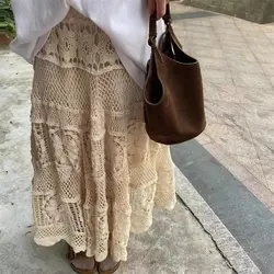 Korean style Version of Gentle Heavy Industry Retro Crochet Hollow Design Elastic Knitted Skirt A-shaped Skirt