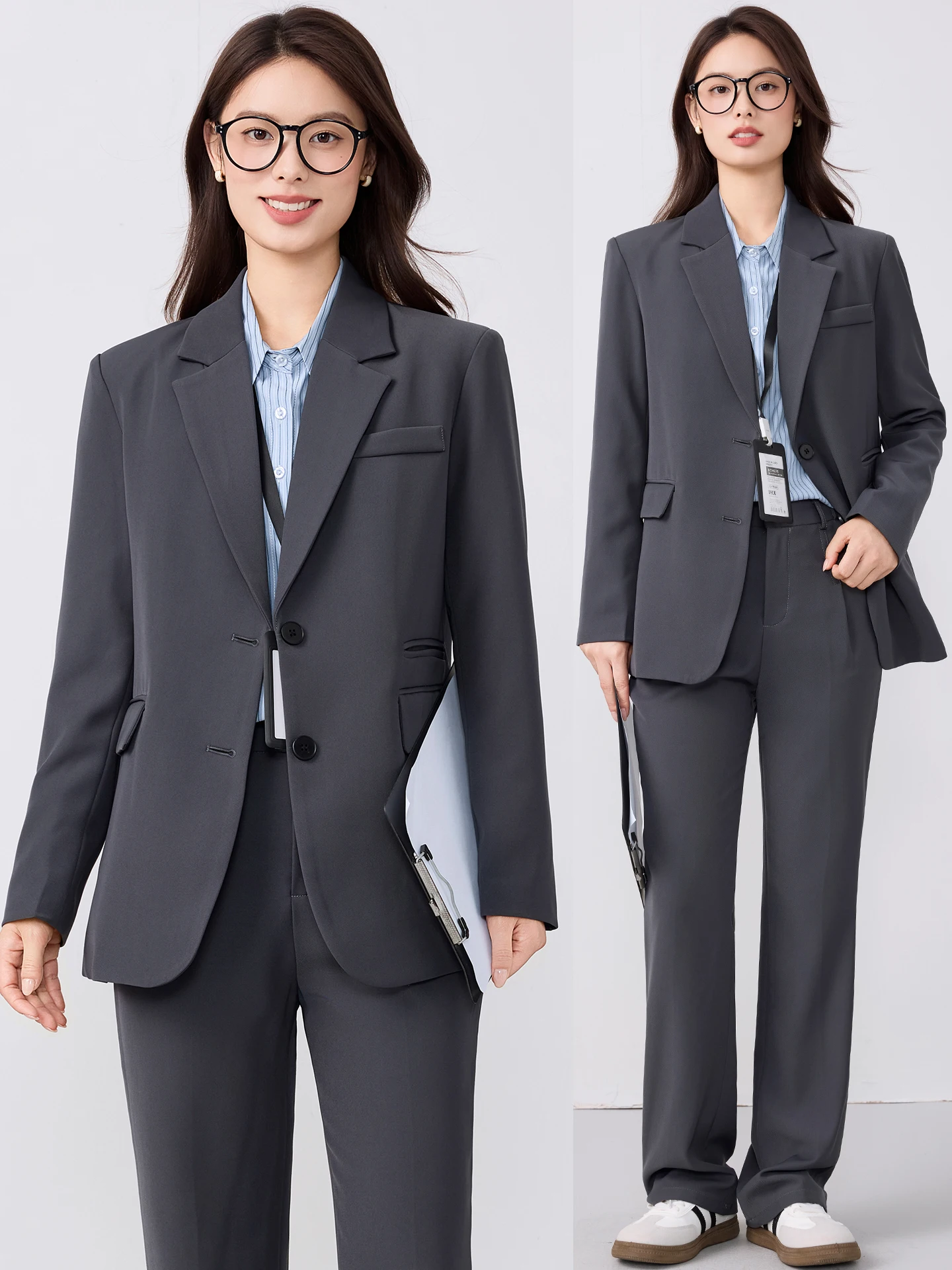 Gray Suit Jacket Women's Spring Autumn Interview Commute Professional Formal Outfit Career Polyester Long Sleeve Buttoned