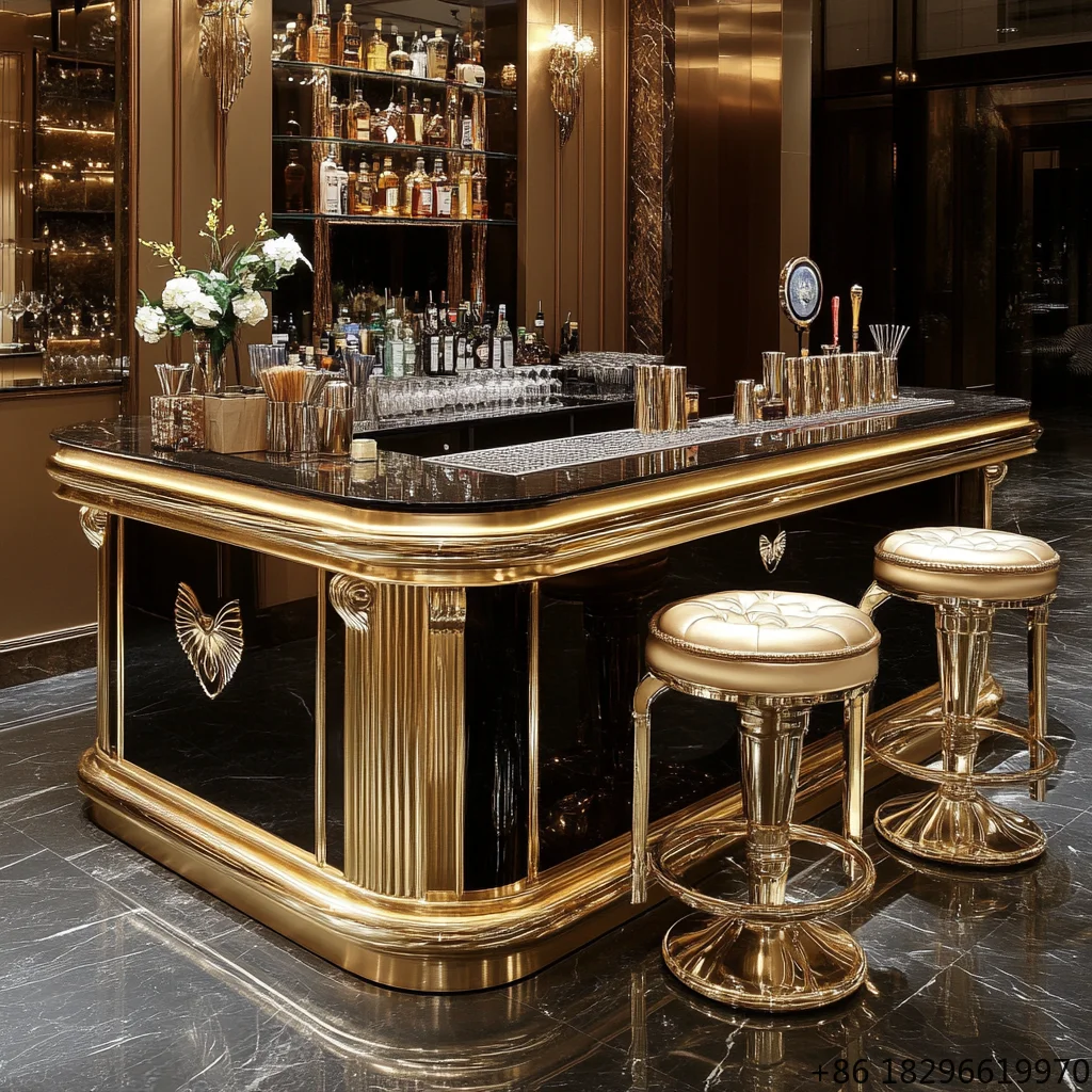 Luxury High-end Stainless Steel Bar Counter with Marble Top Freestanding LED Lighting for Home Hotel