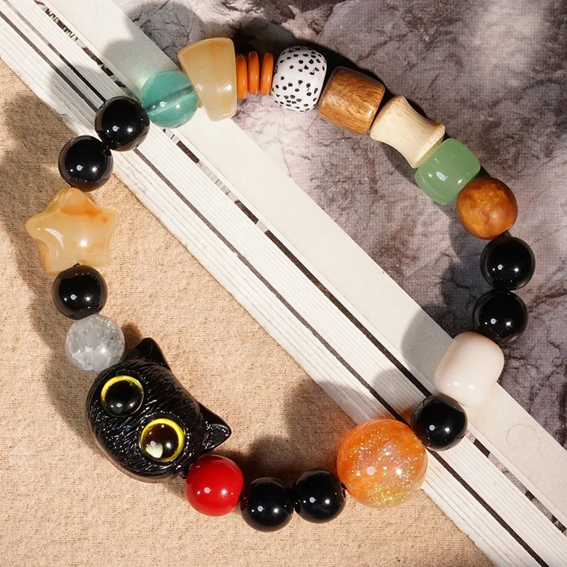 Chinese Style Lucky 18 Seeds Cute Black Cat Beaded Bracelet Vintage Colorful Good Fortune Blessing Prayer Jewelry For Women Men