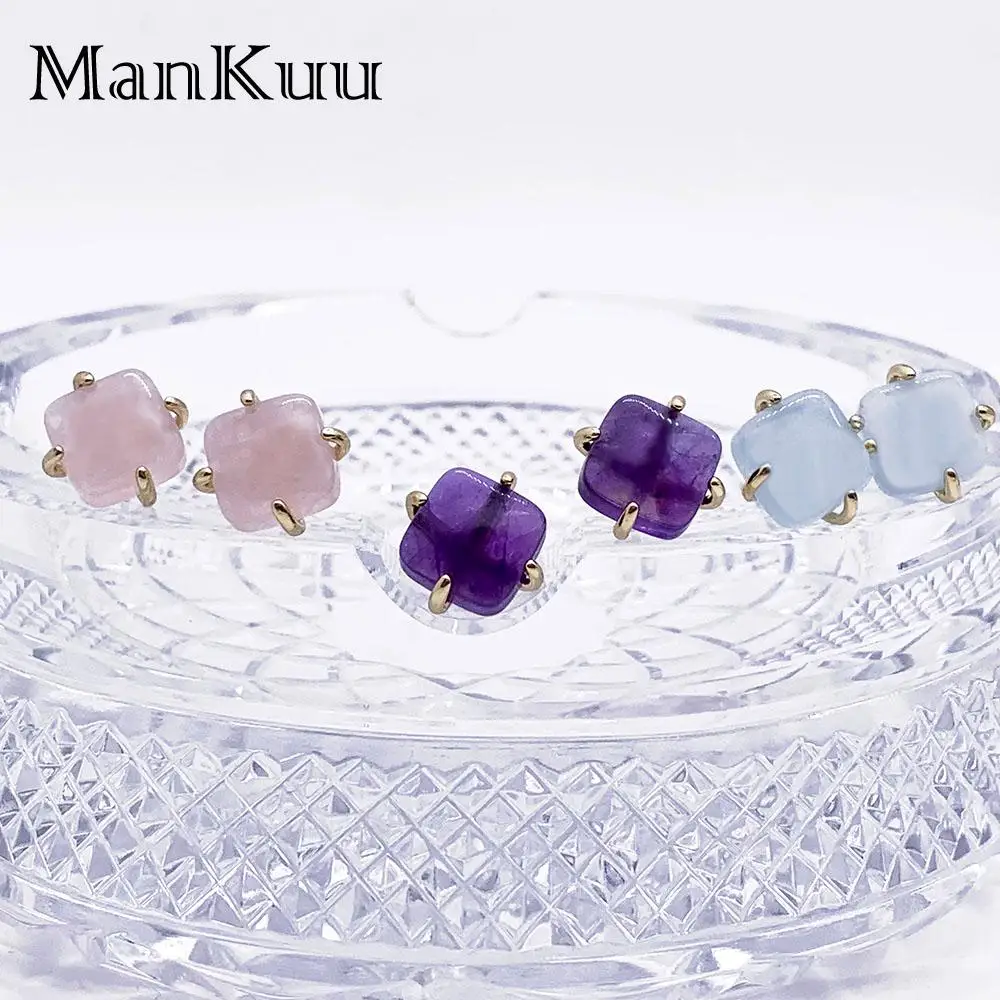 Mankuu 10mm Square Natural Crystal Stone Amethyst Rose Quartz Aquamarine Earrings Gold Plated Studs Jewelry For Women Gifts