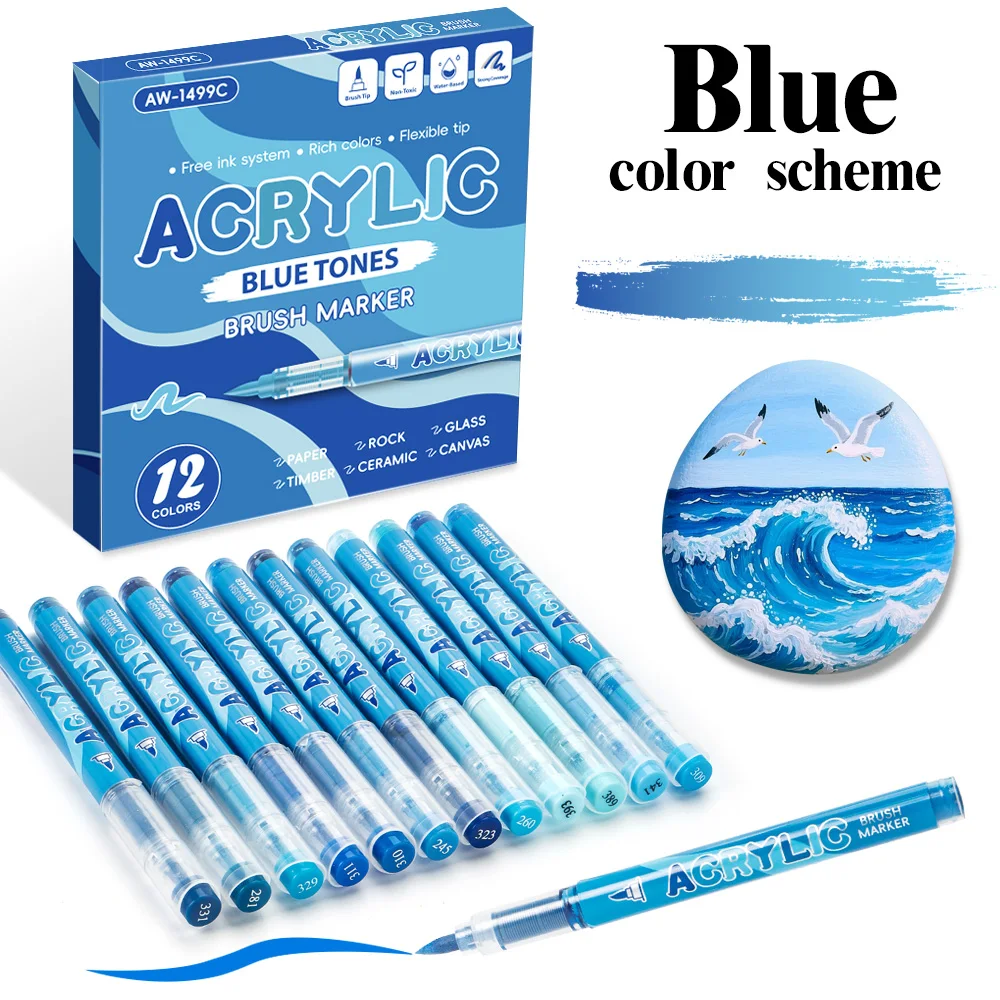 

12 Colors Acrylic Markers Blue Series 2 Pcs Erasing Pen Soft Pen Tip 1-5mm For Painting Drawing DIY for Kid Gift Art Supplies