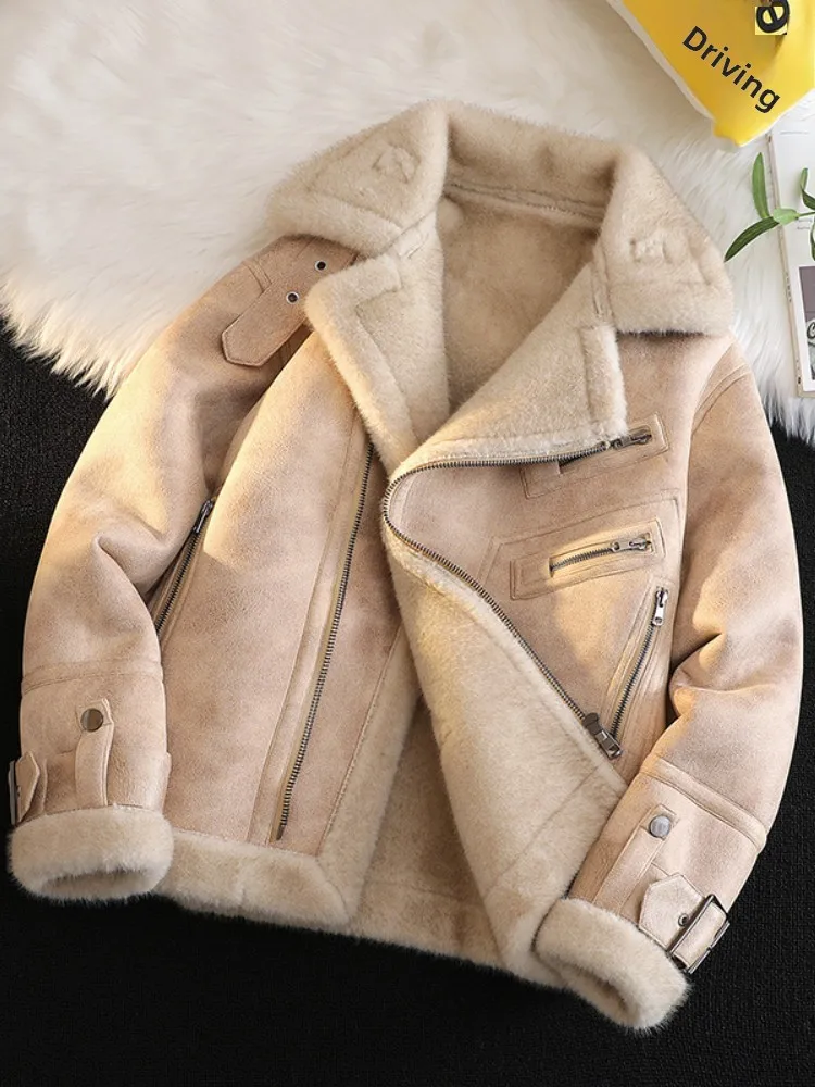 

Men's Winter Thiened Lamb Fur Cotton Jaet Suede Velvet One-piece Outerwear Casual Warm Long Sve Zipper Closure Coat