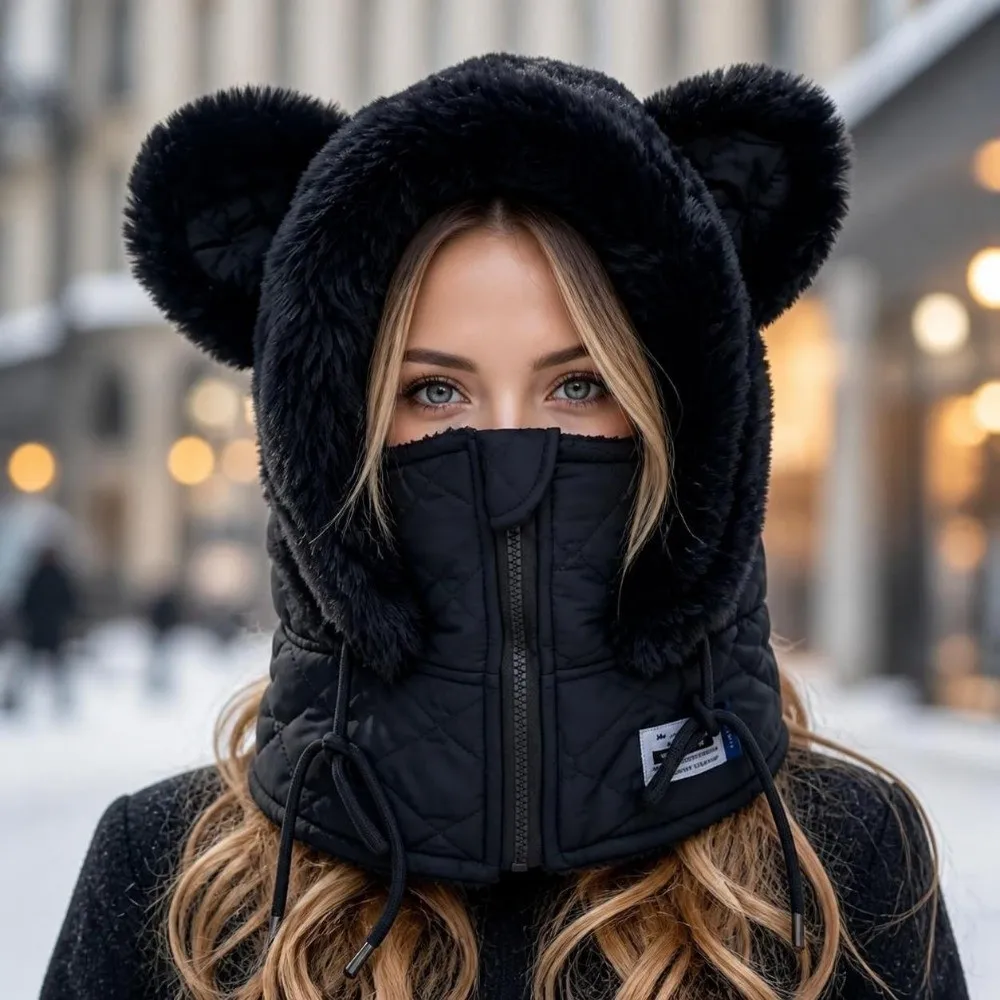 Warm Thick Winter Balaclava Hat Zipper Windproof Ear Protection Hat Faux Fur Trim Fleece Lined Winter Integrated Cap Winter