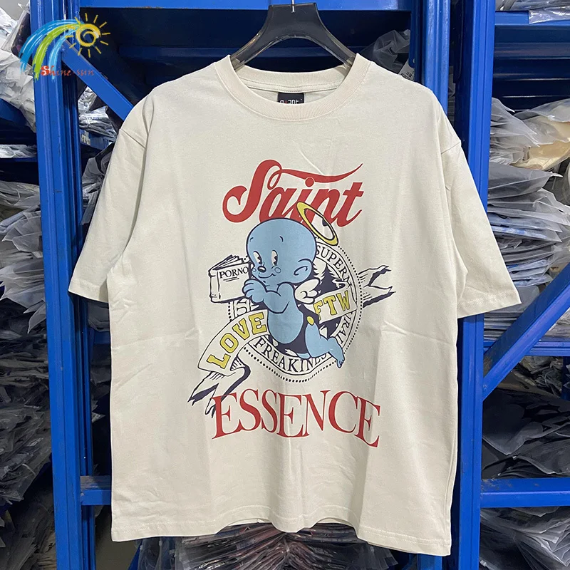 

Men Women Unisex Cartoon Baby Angel Print Saint T-Shirt Top Quality Cotton Loose Tee Cement White Short Sleeve T Shirt