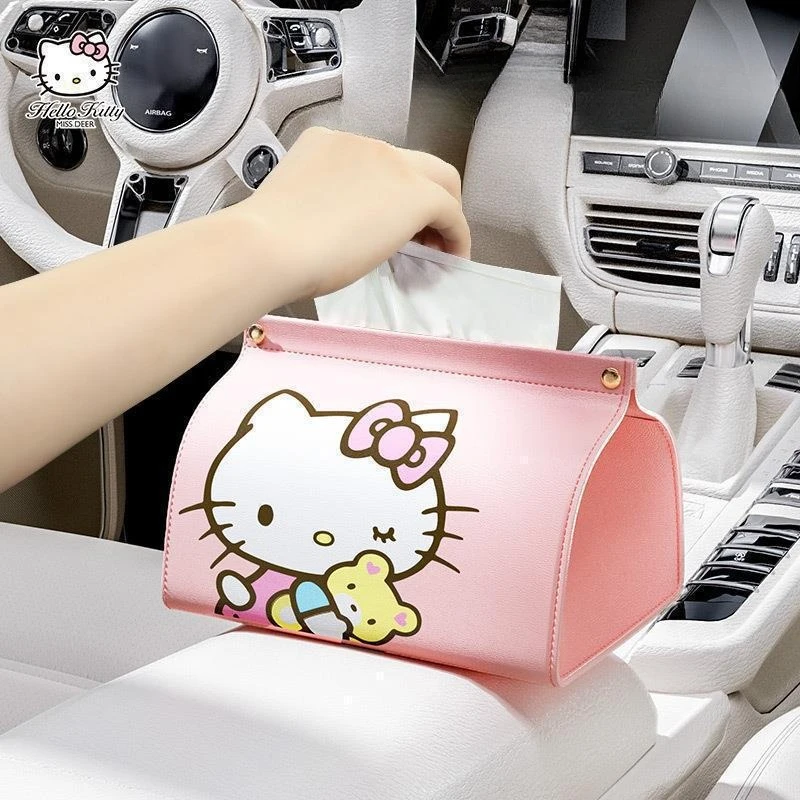 Hello Kitty Portable Car Tissue Box Cute Cartoon Makeup Bag for Women Creative Drawstring Paper Box