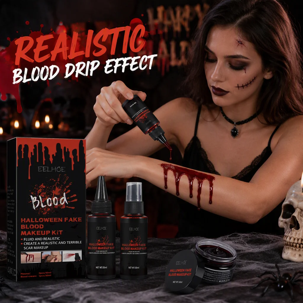 Halloween-Kunstblut-Make-up-Set, realistisch, sicher, abwaschbar, Bühnenblutflüssigkeit für Kostümpartys, gruselige Effekte, Cosplay, Gesichts- und Körperkunst – Detail 6