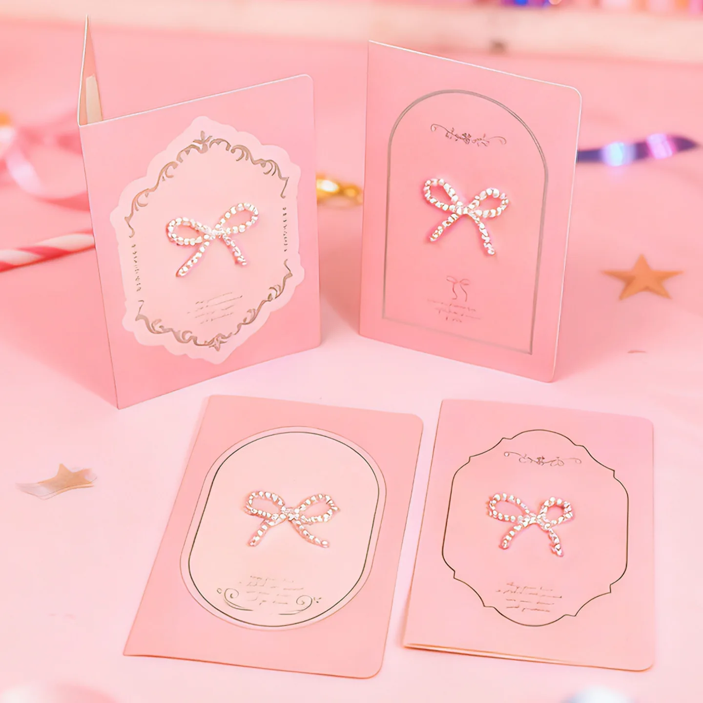 

1/4Pcs Pink Birthday Card with Pearl Bow and Two-Fold Design Bestie Birthday Wishes Card with Envelope Cute Girly Card