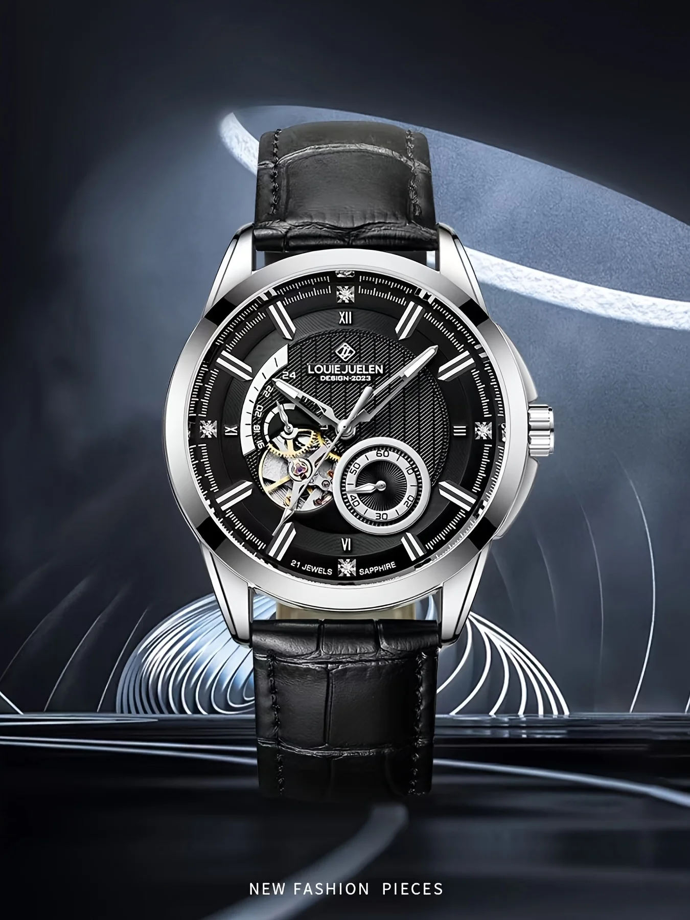 ساعة ميكانيكية بدون بطارية، عرض مؤشر، هيكل من الفولاذ المقاوم للصدأ، لف ذاتي، شاشة مضيئة، حزام من الجلد الصناعي #6