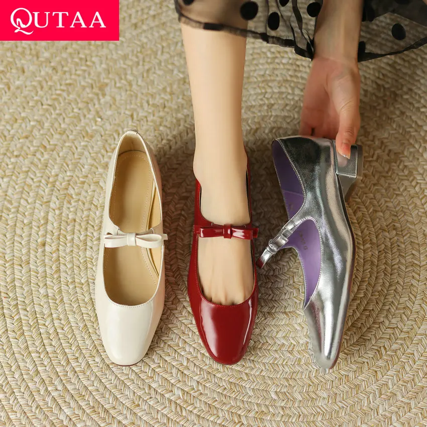 

QUTAA 2023 Summer Women Genuine Leather Pumps Round Toe Office Ladies Casual Low Heels Mary Janes Shoes Woman Size 34-40