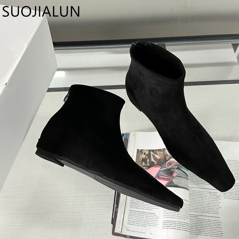 SUOJIALUN 2024 Winter New Women Ankle Boots Fashion Low Wedge Heel Ladies Elegant Martin-boots Soft Sole Casual Dress Short Boot