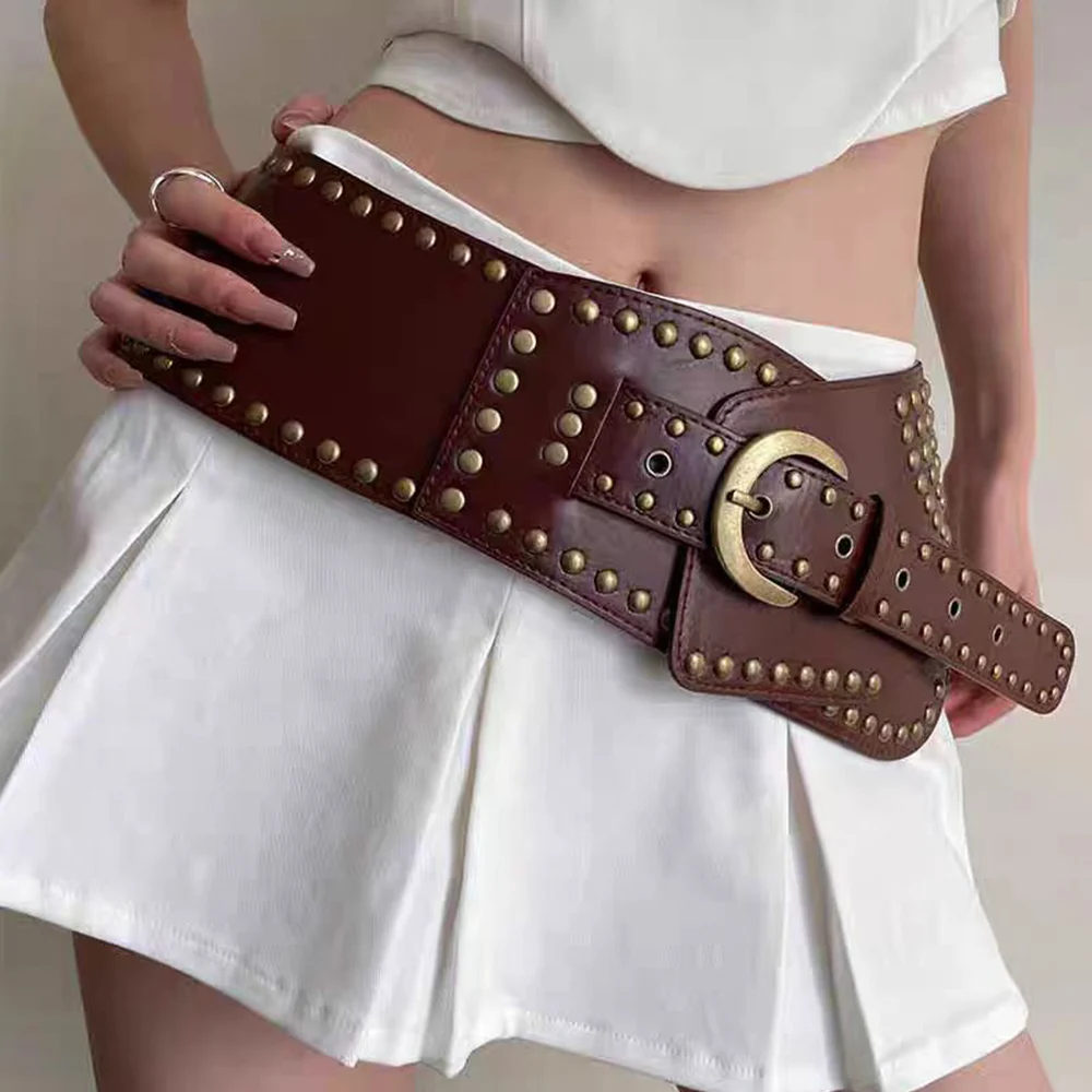 

Wide Rivet Belt Vintage Punk Style Crop Belts Women Street Dress Decorative Concave-shaped Belt Streetwear Leather Waistbelts