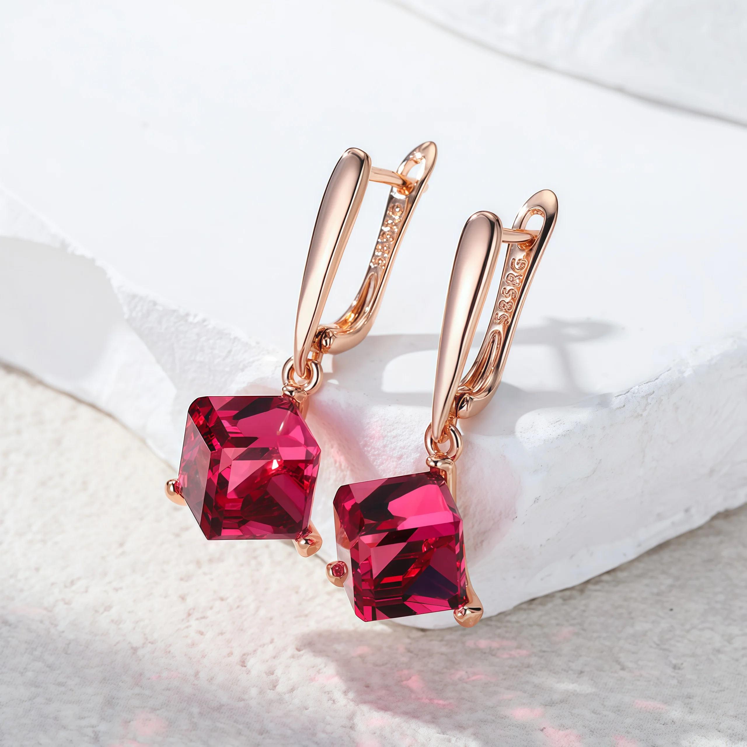 Wbmqda Cube Roter Stein Damen Lange Tropfenohrringe 585er Roségold Farbe Luxus Hochzeit Schmuck Zubehör