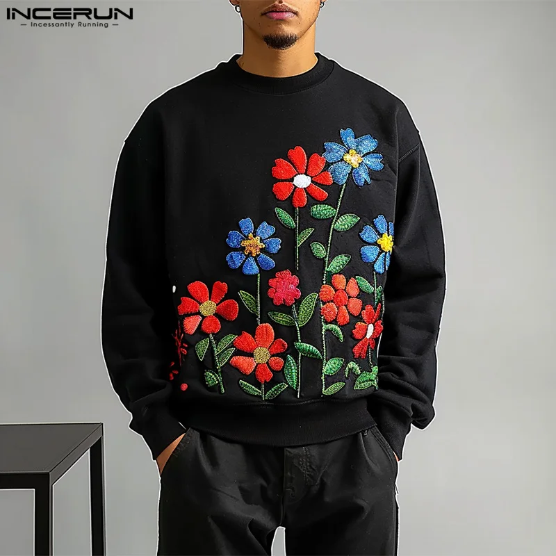 INCERUN Handsome New Men Tops Floral Print Pullovers Streetwear Male Hot Selling Personality Long Sleeved Sweatshirts S-4XL 2024