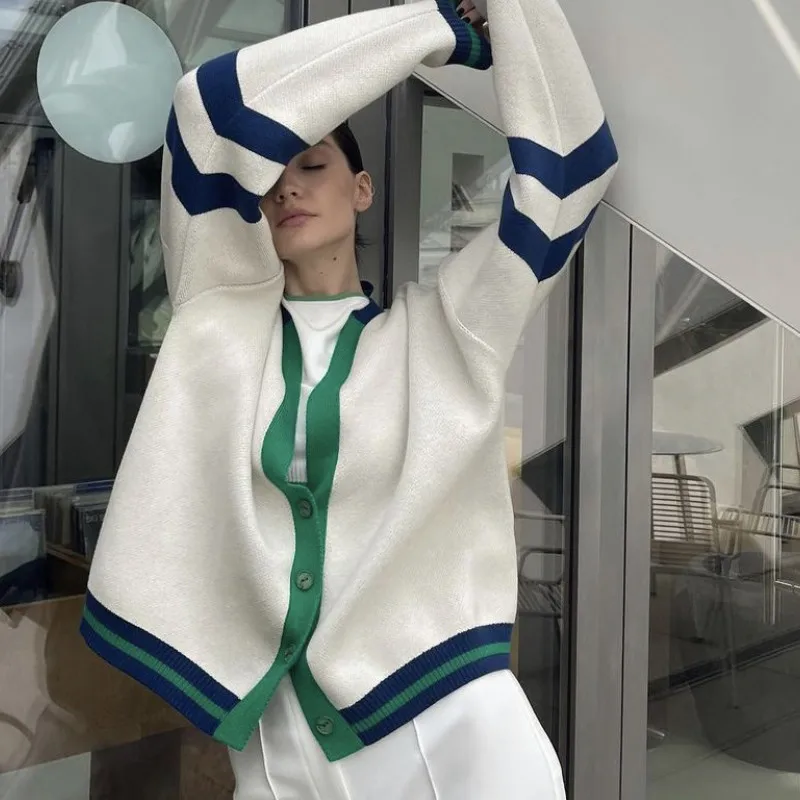 여성용 빈티지 스트라이프 루즈 스웨터 긴 소매 싱글 브레스티드 오버사이즈 니트 가디건 코트 캐주얼 재킷 가을 상의