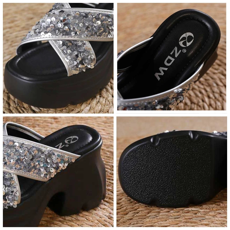 Fujin 10cm New Synthetic Slip on Platform Wedge Peep Toe Slippers Fashion Sandal Bling Women ROME Pumps Summer High Heels Shoes