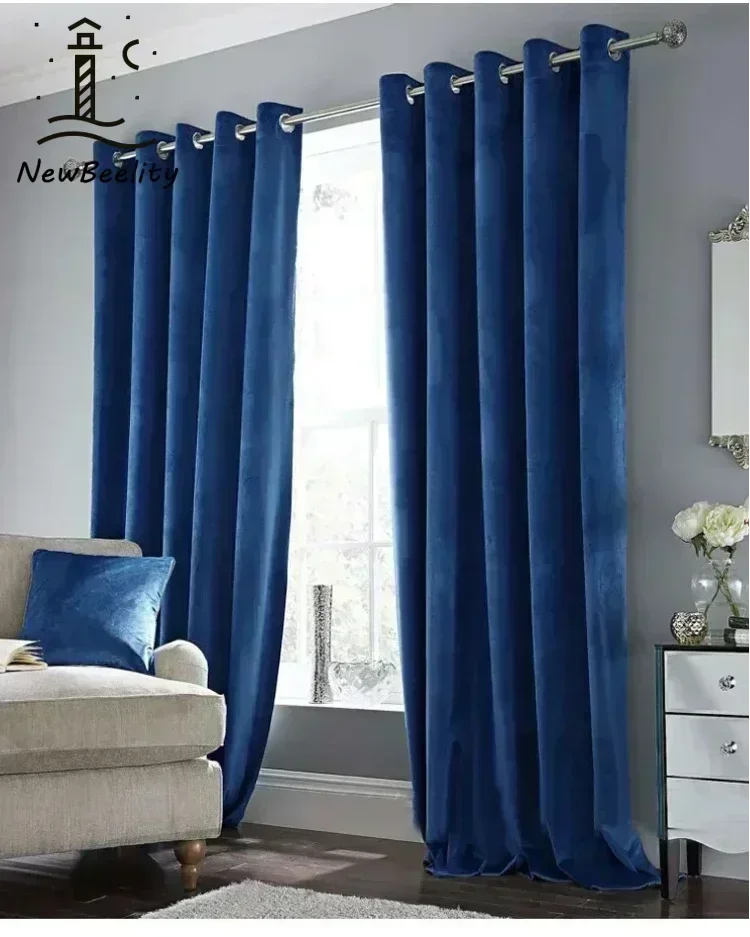 European Style Luxury  Blue Drape Velvet Curtains Thicken Fully Blackout for Dining  Living Room Bedroom Villa Custom 16 Colors