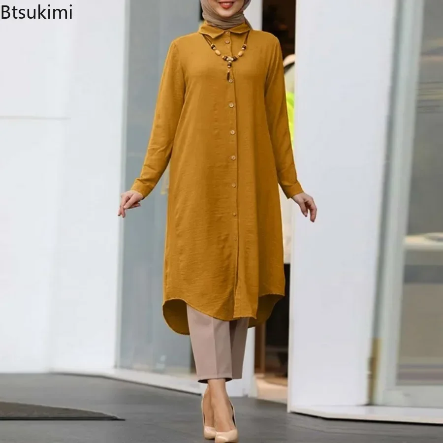 2024 Saudi Arab Women Muslim Long Sleeve Blouse Casual Loose Shirt Dress Tunic Blusas Women\'s Tops Morocco Turkish Solid Chemise