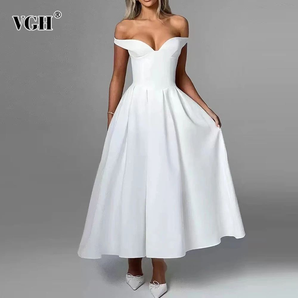 

VGH Solid Wedding Long Dress for Women Slash Neck Off The Shoulder High Waist Patchwork Folds A Line Evening Dresses Female New