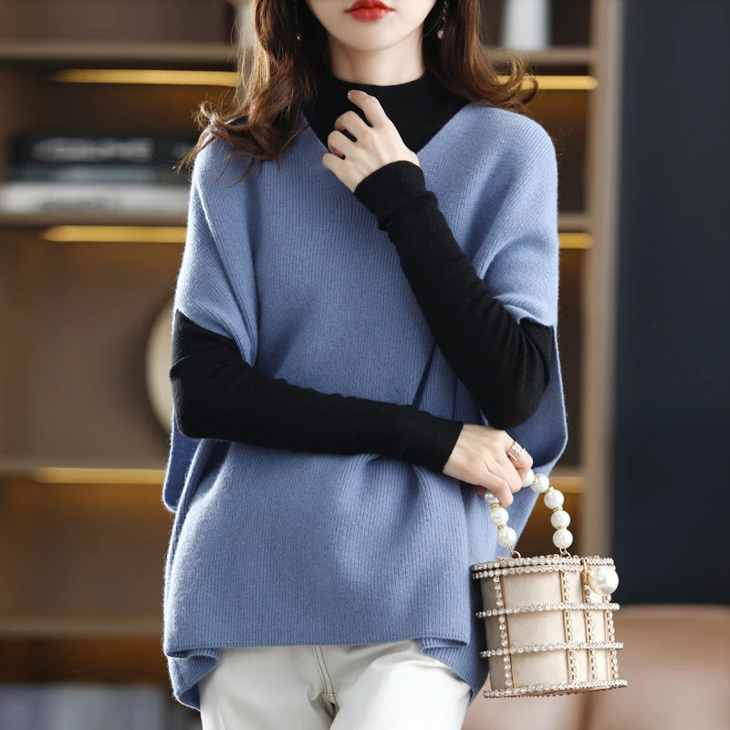 Autumn And Winter New 100% Pure Wool Vest V-Neck Bat Sleeve Thickened Wool Knit Everything Sleeveless Loose Vest