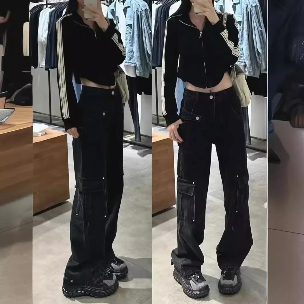 American vintage Multi-pockets Jeans Women Small Slim High Waist Spring and Autumn Straight Loose Wide Leg Cargo Pants