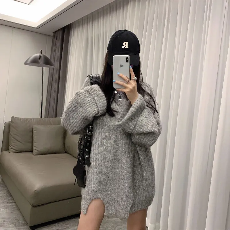 

Autumn Winter Solid Color Jumpers Knitted Korean Round Neck Female Clothing Chic Split Casual Loose Basic Long Sleeve Sweaters