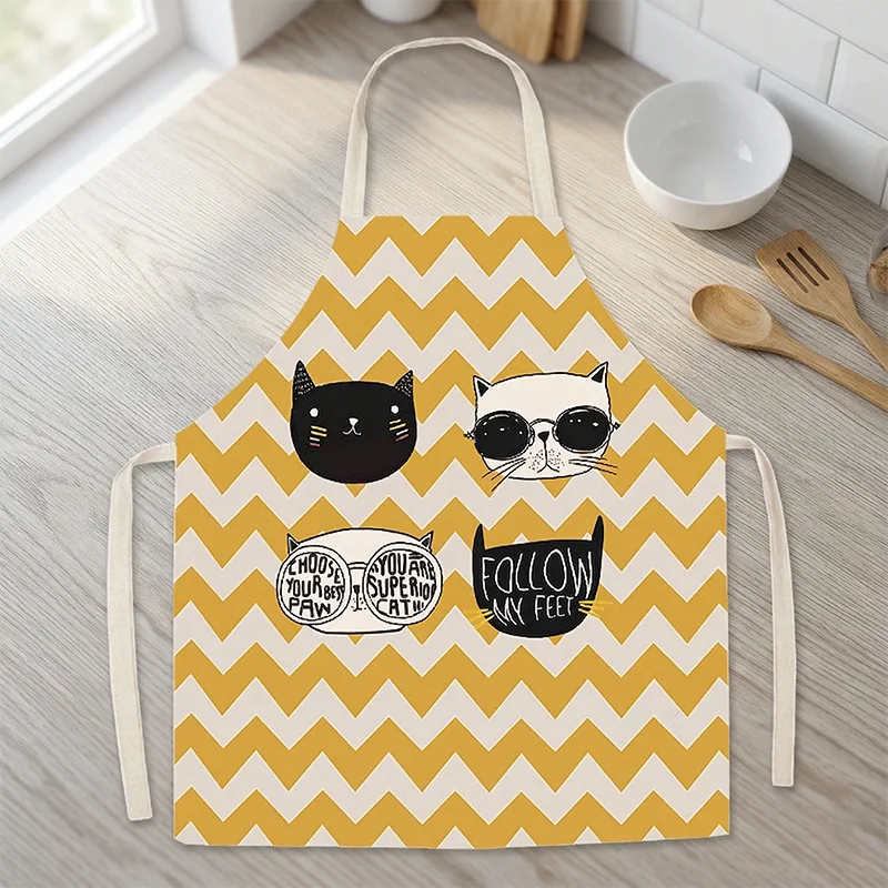 

Cute Cat Print Chevron Apron Yellow Zigzag Cotton Linen Bib For Women Men Home Kitchen Cooking Baking Housework Cleaning Tool