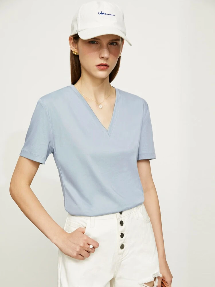 

Amii Minimalism 2025 Women Tops Summer New Solid V-neck Short Sleeve Cotton Casual Basics Fashion T-shirts for Women 12422141