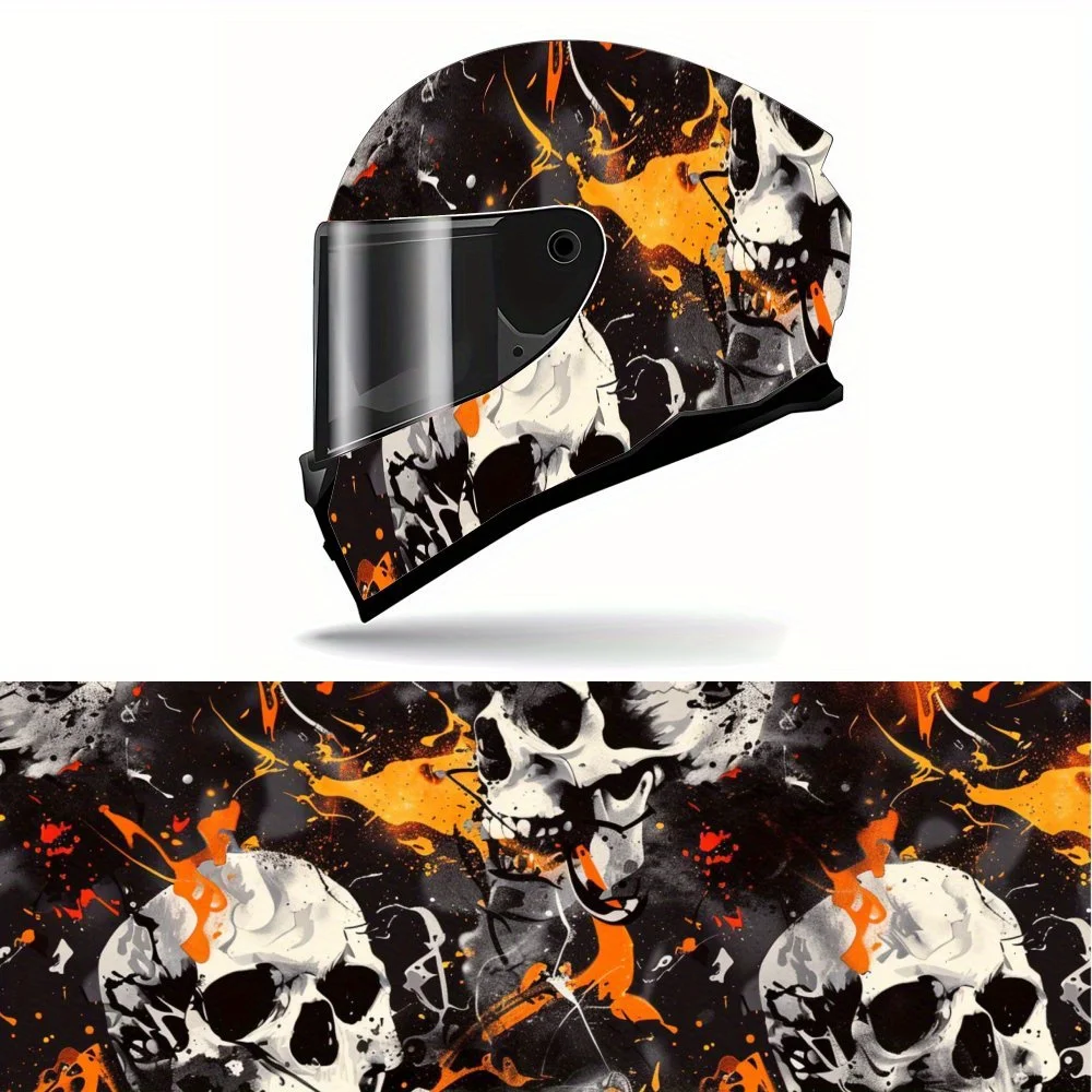 

Badass Black and Orange Skull Full Face Helmet Vinyl Wrap Sticker, Waterproof Scratch-Resistant Self-Adhesive PVC Decals, Artist