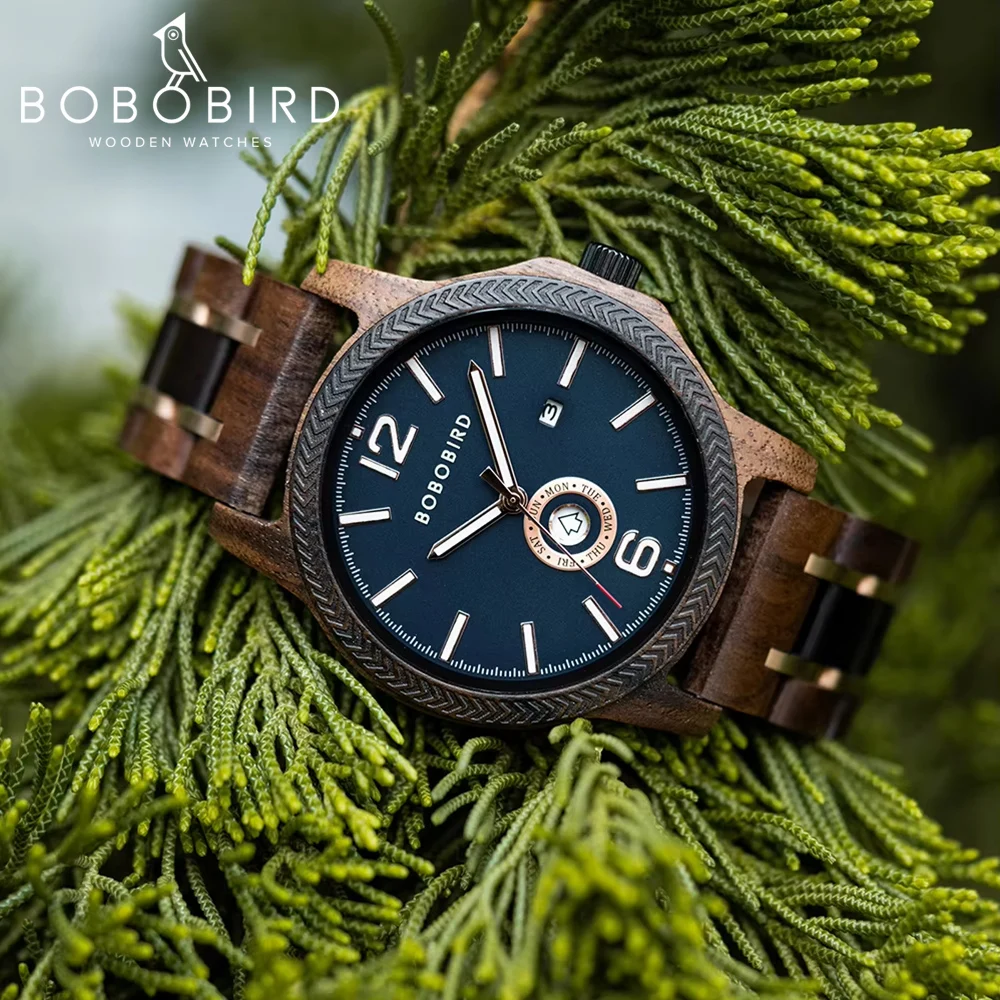 ساعات رجالية خشبية BOBOBIRD موضة جديدة حركة يابانية كوارتز ساعة يد عرض تاريخ الأسبوع اسم مخصص العلامة التجارية هدية عظيمة