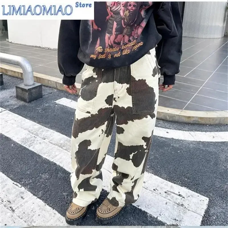 

Women's Cow Patterned Printed Casual Pants High Waisted Straight Vintage 90s Streetwear Female Casual Loose Tie Dye Trouser
