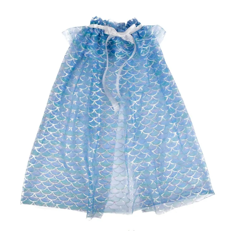 Kids' Halloween Printed Tulle Cape, Shimmer Drawstring Cloak with Fish Scale Pattern for Birthday Parties & Holiday Celebrations - view 2