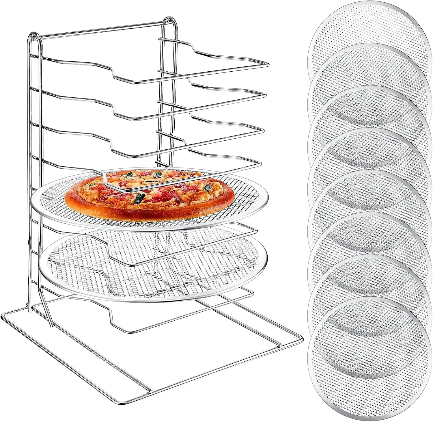 Pizza Rack 8 Tiered Stand With 8 Aluminum Baking Pans With Holes Commercial Pizza Display Shelf Countertop Cooling Rack Set For Home Restaurant Kitchen 12 Inch