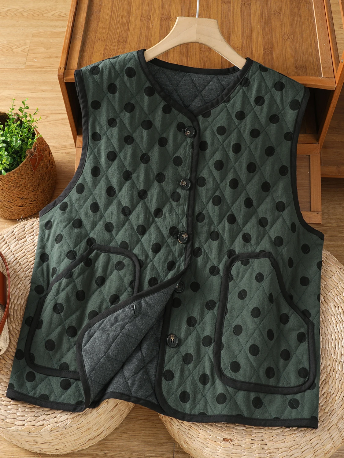 

Хлопковый жилет в горошек в стиле ретро, женский осенне-зимний свободный многослойный топ на одной пуговице с накладкой на плечах