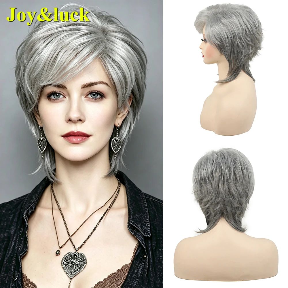 Short Silver Grey Layered Synthetic Wigs for Women, Natural Side Bangs Straight Hair Wig Daily Party Cosplay Heat Resistant Wig