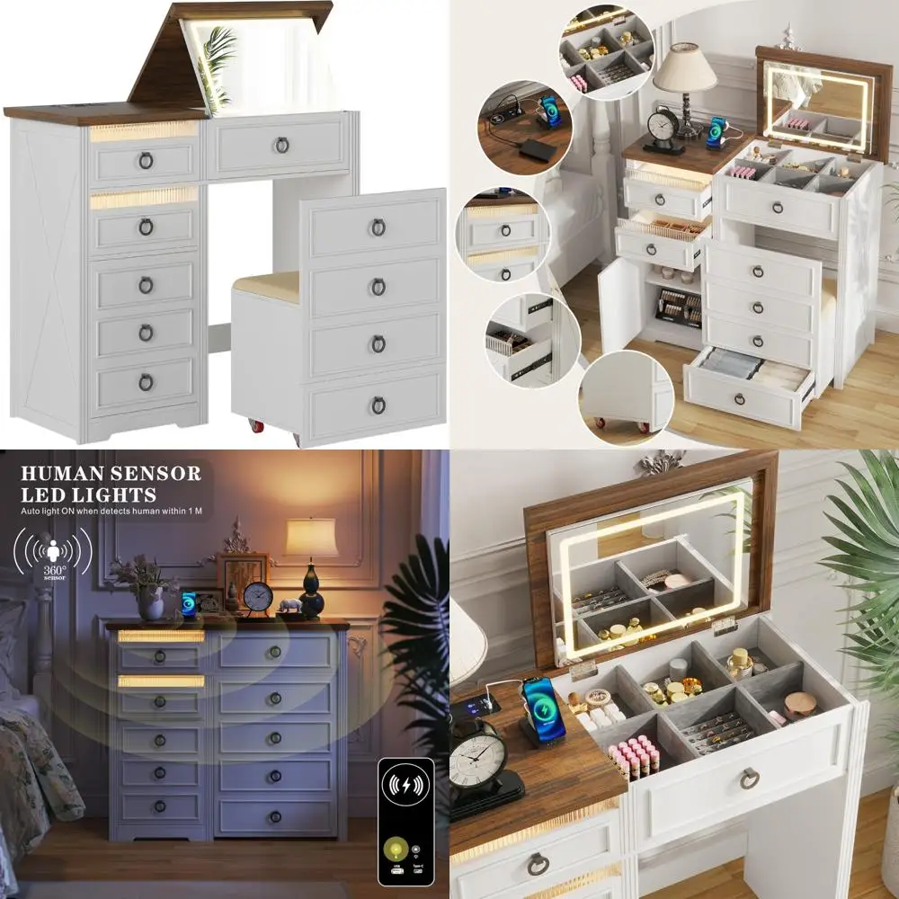 Туалетный столик со светодиодной подсветкой в стиле фермерского дома, ящиками для хранения, скрытым табуретом и зарядной станцией для макияжа и гардероба
