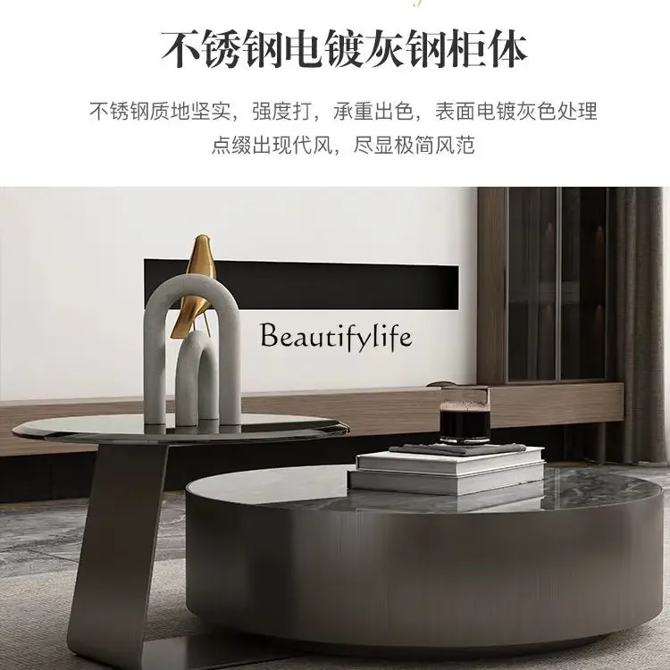 Italian light luxury stainless steel with drawer rock slab glass edge table high-end combination round coffee table