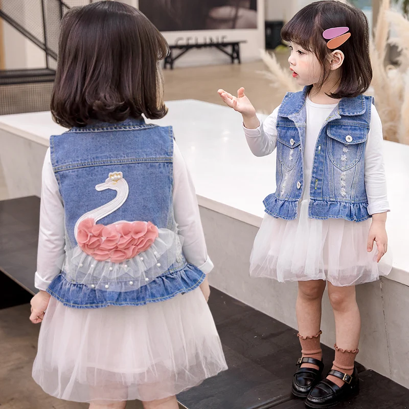 

Baby Girl Cute Denim Vest With Swan On Back Elegant Kids Sleeveless Jeans Jacket Toddler Child Casual Denim Waistcoat Age 2-9Y