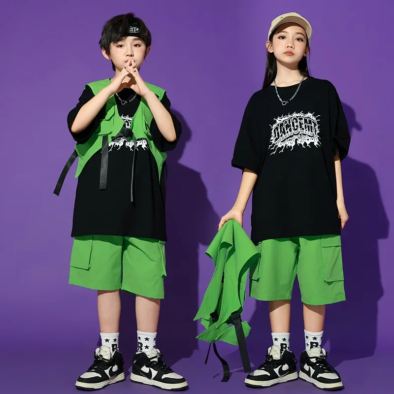 

Kids Hip Hop Black T-shirt Green Vest Shorts Boys Girls K-pop Street Dance Clothes Sets Teens Jazz Costumes Children Streetwear