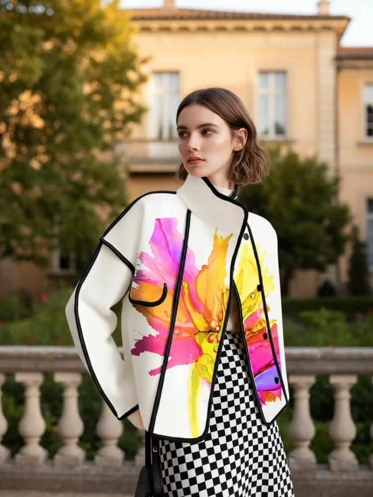 

Freeacy 2025 женские стильные куртки с цветочным принтом и воротником-стойкой с разрезом и длинными рукавами, свободное пальто на пуговицах, повседневная верхняя одежда