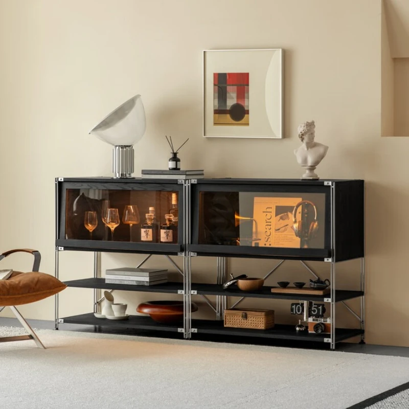 

Locker Black Display Cabinet Solid Wood Flap Door Storage Modern Simple Storage Side Cabinet