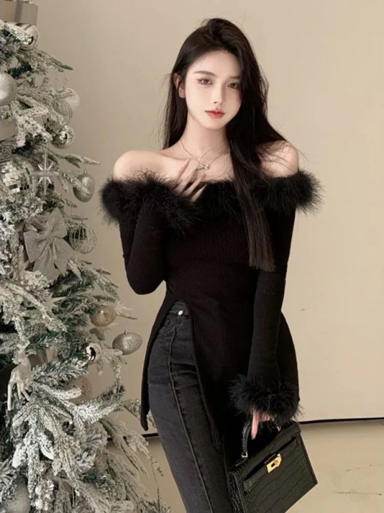 Woherb Y2k Fashion Fur Patchwork Slash Neck Strapless Knitwear Long Sleeve Slim Split Women Sweater Spring 2024 New Knitted Tops