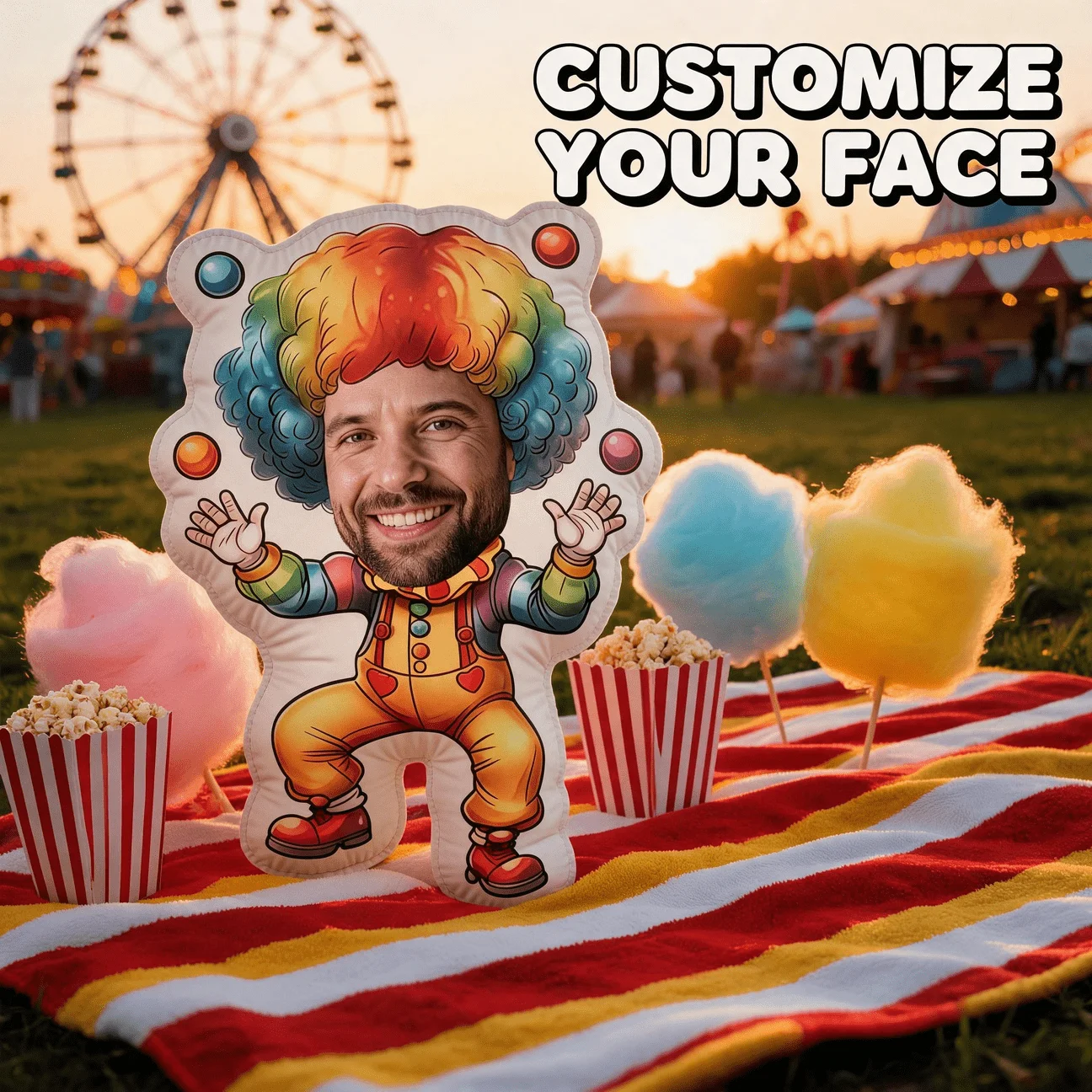 Custom Funny Face-Shaped Pillow, Personalized Photo Clown Costume Decorative Cushion, Unique Novelty Home Decor Accent for Sofa