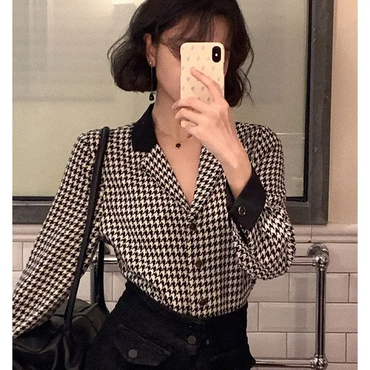 

Houndstooth Shirts Women French Elegant Temperament Casual Dating Holiaday Office Ladies Teens Clothes Spring Retro Vintage Top