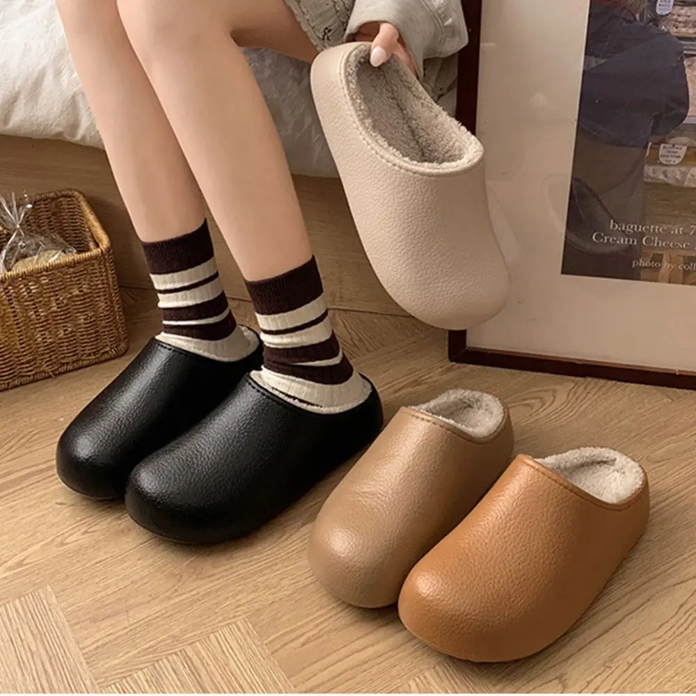 36-41 Women's Plush Slippers Anti-slip Solid Color Warm Plush Slippers Leather Pattern Waterproof Upper Women's Home Slippers
