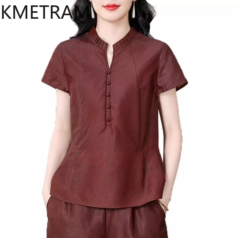 KMETRAM 100% Real Mulberry Silk T Shirts for Woman Fashion 2024 Casual Tops Summer Women Clothing Essentials Solid Top Футболка