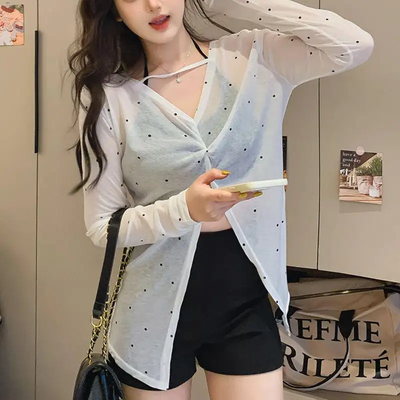 Summer New Polka Dot Long Sleeve T-Shirt Women Thin Micro Translucent Sunshade Two-Way Wear Lazy Style Top Casual Style