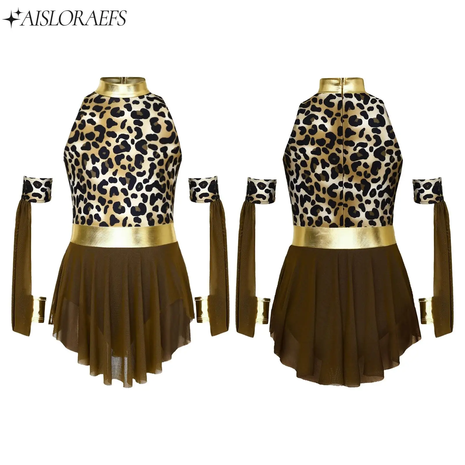 

Leopard Print Prehistoric Cave Costume Outfit for Girls Metallic Gloss Sleeveless Dress Halloween Carnival Cosplay Party Outfit